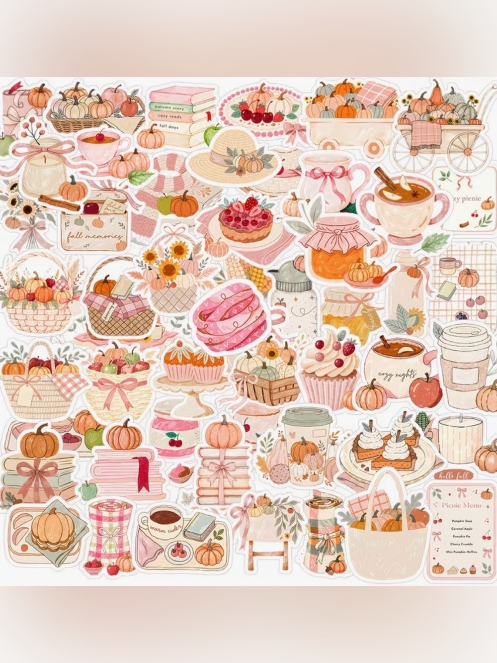 51 Autumn Harvest Pink Orange Stickers Cider Pumpkin Baskets Pie Flowers Cakes